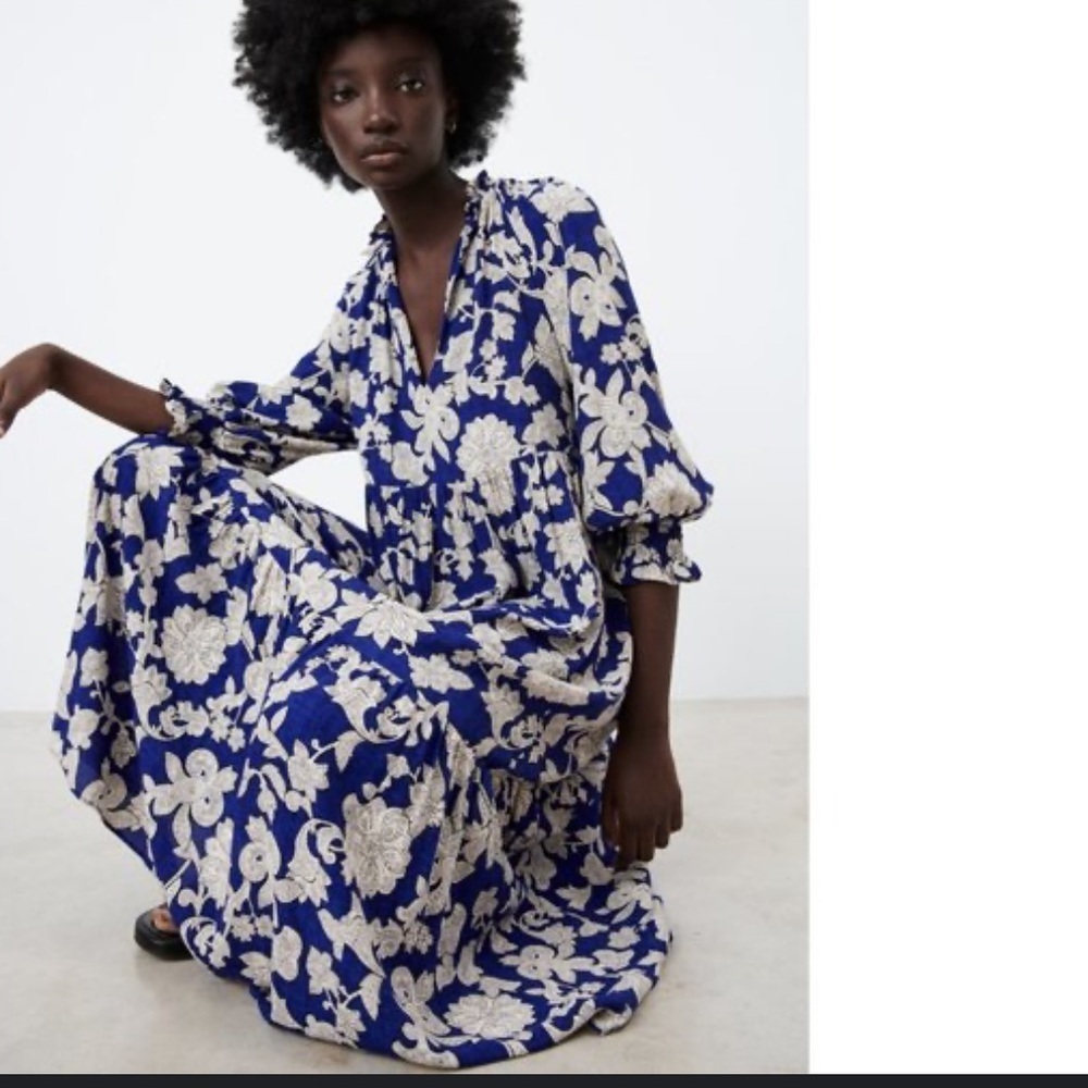 Zara Blue and White Floral Maxi Tiered Peasant Tent Dress. Size XS. Retail $100 - Picture 2 of 8